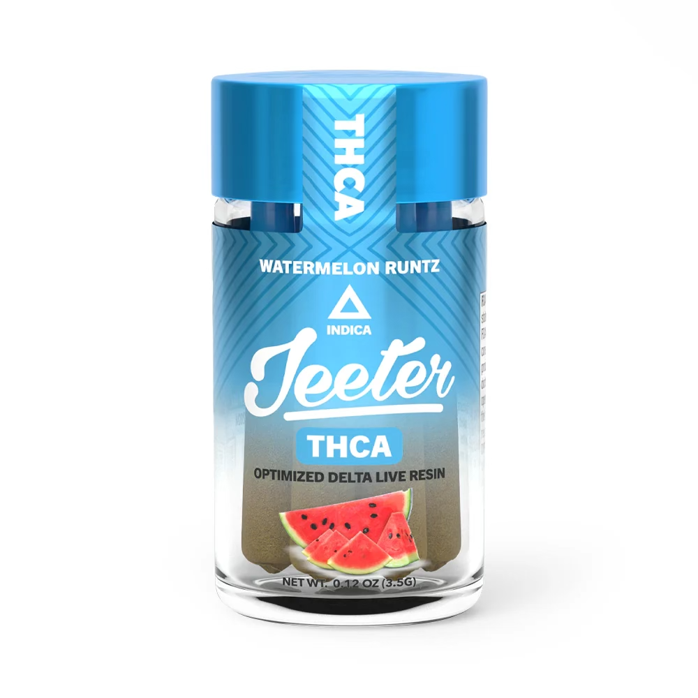 Jeeter Watermelon Pre-Roll jar featuring indica THCA optimized delta live resin with watermelon graphics.