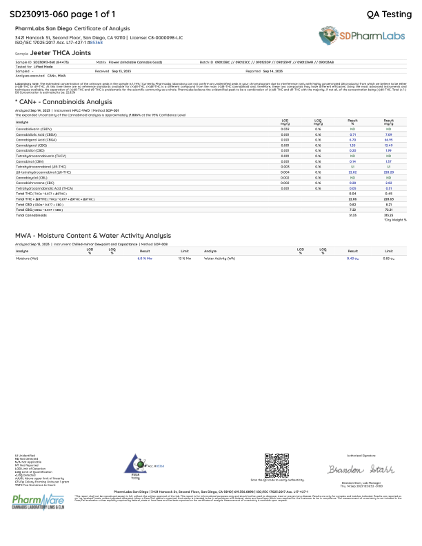 Jeeter THCA Pre-Rolls QA testing certificate featuring cannabinoid analysis and moisture content details.