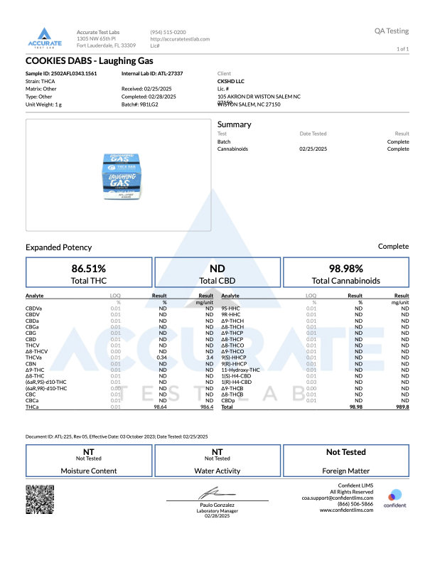 Lab test report for Laughing Gas cannabis strain, showing potency and cannabinoid details.