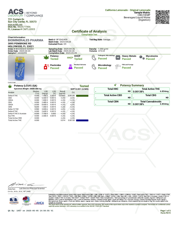 Certificate of Analysis for California Lemonade, detailing potency and compliance for Delta-9 THC beverage.
