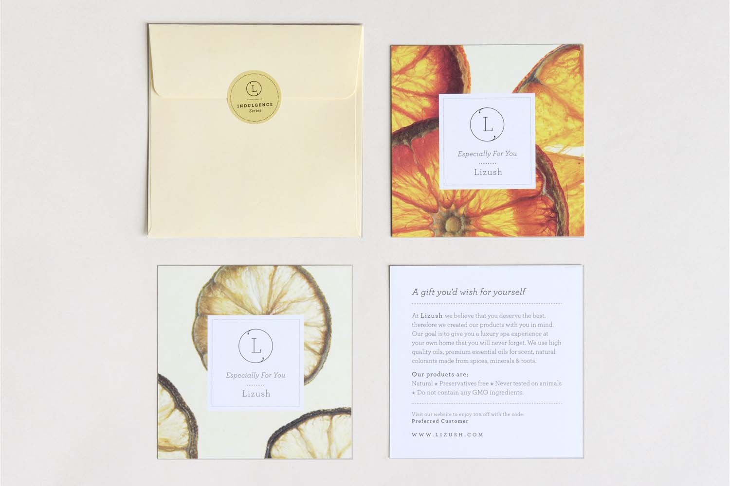 Set of illustrated gift cards featuring dried citrus, with an envelope and thoughtful messages.
