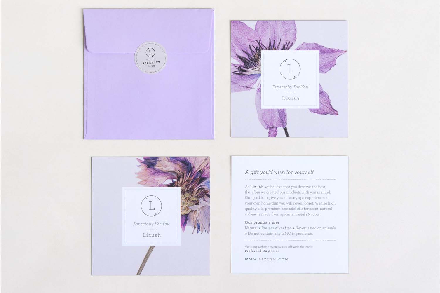 Lavender-themed gift packaging from Linath, featuring floral designs and a delicate card.