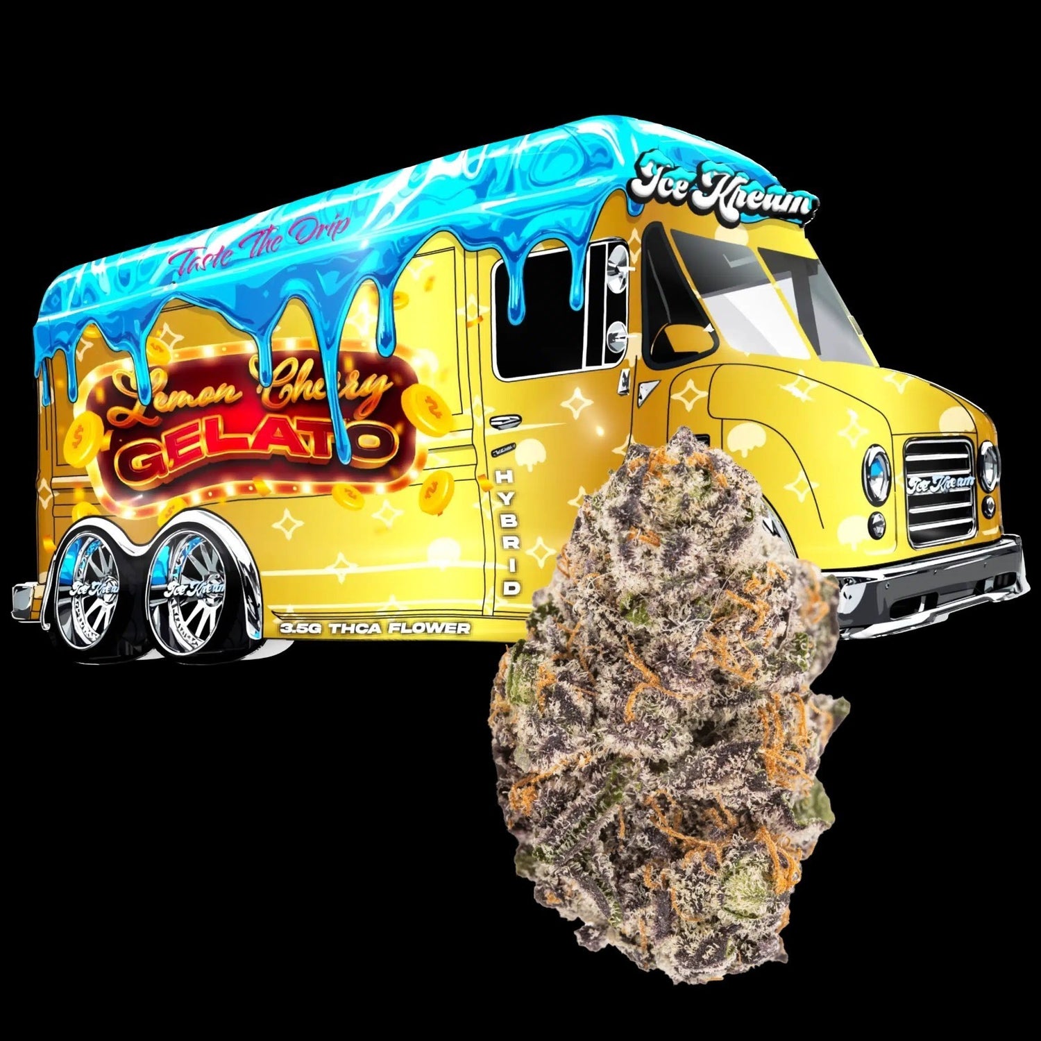 Lemon Cherry Gelato THCA flower next to a vibrant ice cream truck graphic, showcasing hybrid cannabis strain.