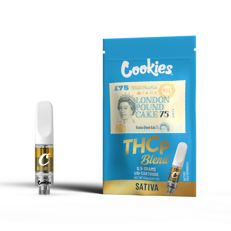 Cookies THCP Blend London Pound Cake 75 cartridge and package, 0.5g sativa vape flavor.