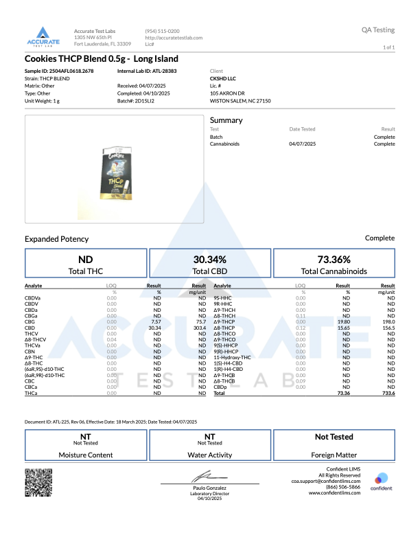 Laboratory test results for Cookies THCP Blend 0.5g vape cartridge, Long Island flavor, showing potency and cannabinoid levels.