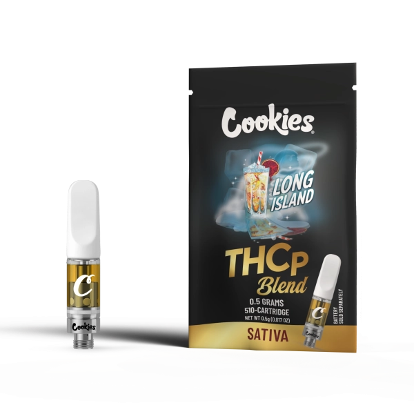Cookies THCP Long Island vape cartridge with packaging, 0.5g sativa blend for uplifting experience.