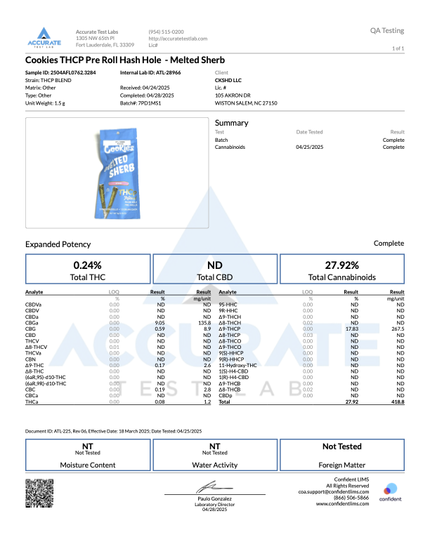 Cookies THCP infused pre-roll Melted Sherb potency test results showing THC and CBD levels.