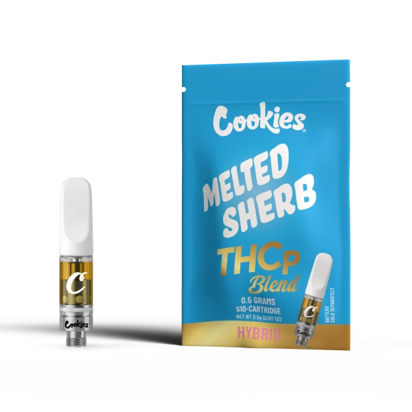 Cookies Melted Sherb THCP Blend vape cartridge and packaging, 0.5g hybrid, creamy fruity flavor for a balanced buzz.