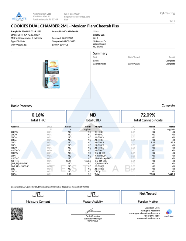 Lab test results for Cookies Dual Chamber 2ml - Mexican Flan and Cheetah Piss cannabis strains.