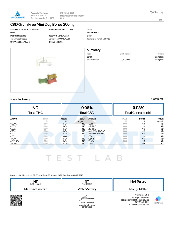 Test report for CBD Grain Free Mini Dog Bones 200mg, showing cannabinoid content and product details.
