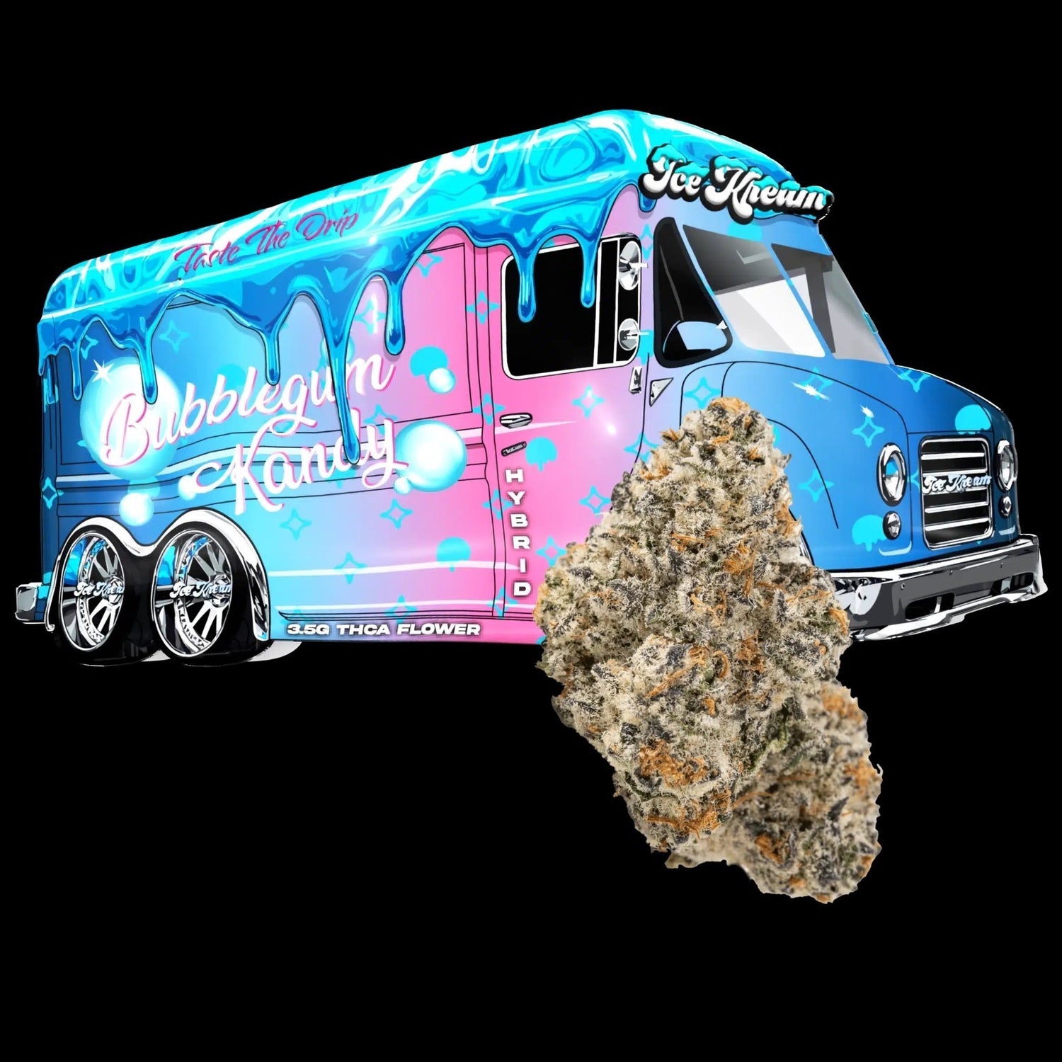Bubble Gum Kandy THCA flower next to a colorful ice cream truck, showcasing hybrid cannabis strain.