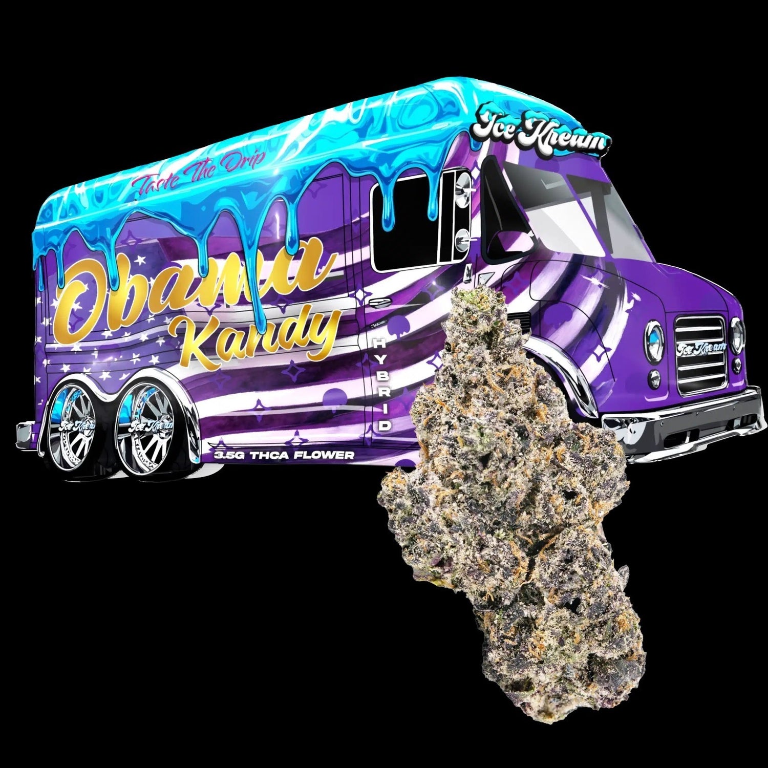 Obama Kandy THCA flower with a colorful food truck design, showcasing hybrid cannabis strain.