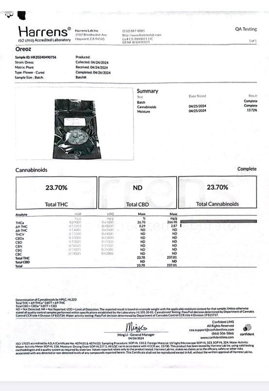 Laboratory test results for Oreoz, showcasing THCA content and cannabinoid levels.