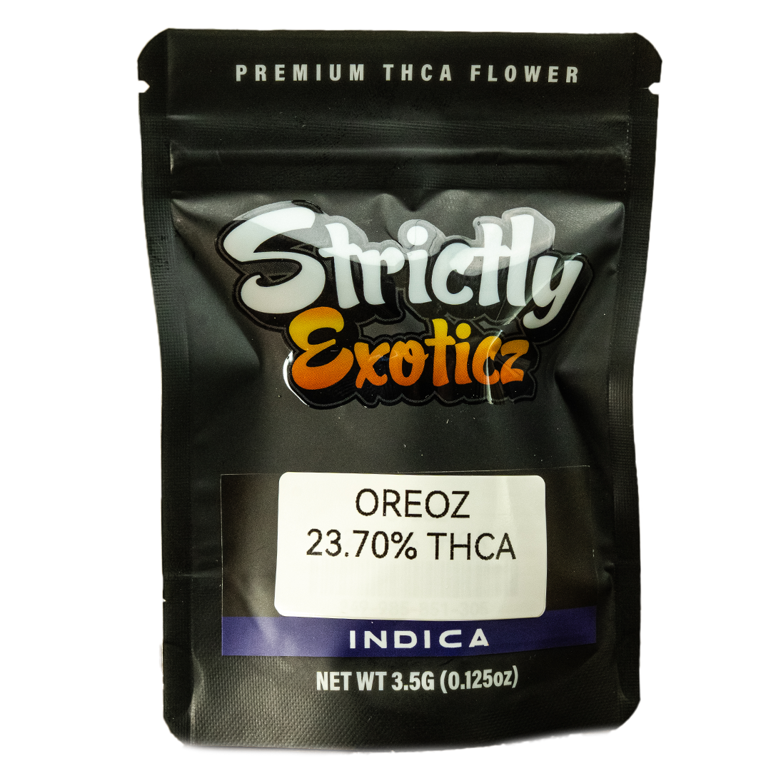 Oreoz premium THCA flower, 23.70% THCA, 3.5g pack, Indica strain by Strictly Exoticz.