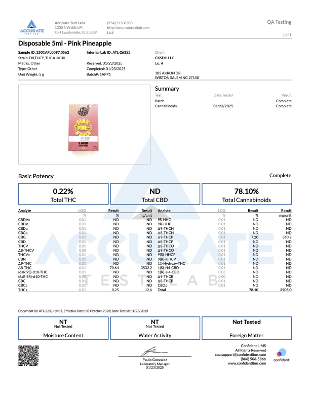 Quality assurance report for Pink Pineapple 5G disposable vape highlighting potency and cannabinoid content.