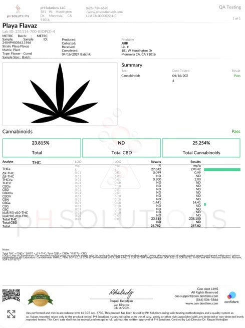 Quality analysis report for Playa Flavaz featuring THCA and total cannabinoid percentages.