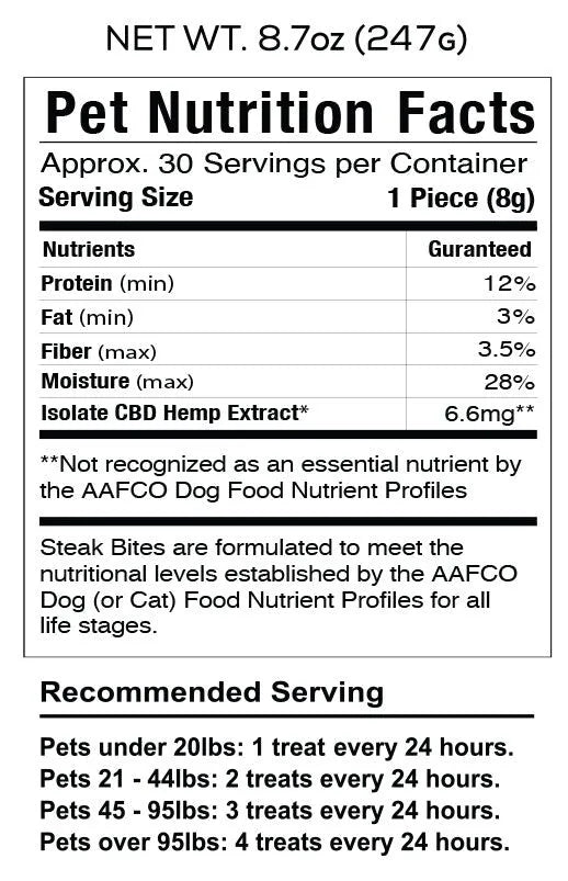 Pet Nutrition Facts for DOG Steak Soft Chew CBD treats, showing nutrients and serving recommendations.