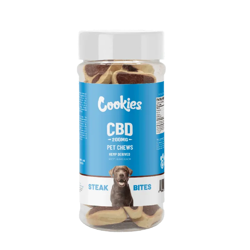 Dog steak CBD soft chew treats in a container, infused with 200mg of hemp-derived CBD for pet wellness.