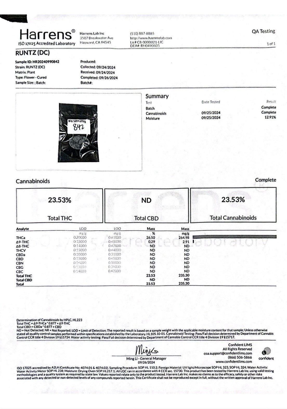 Lab test summary for Runtz showing THCA levels of 23.53% and total cannabinoids.