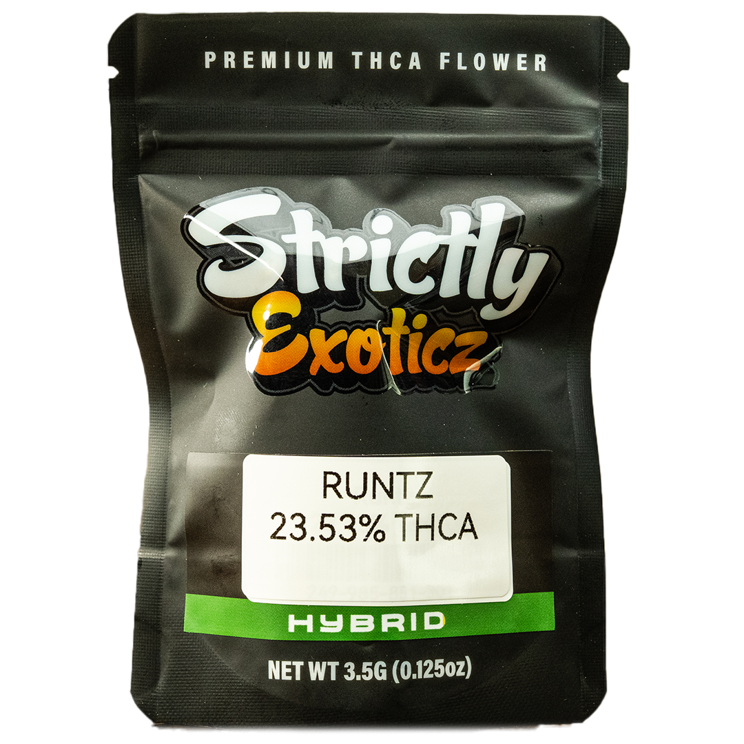 Runtz premium THCA flower package, 23.53% THCA, hybrid strain by Strictly Exoticz, 3.5g weight.