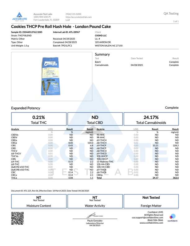 THCP infused pre-roll lab results for London Pound Cake, showing cannabinoid potency and analysis details.