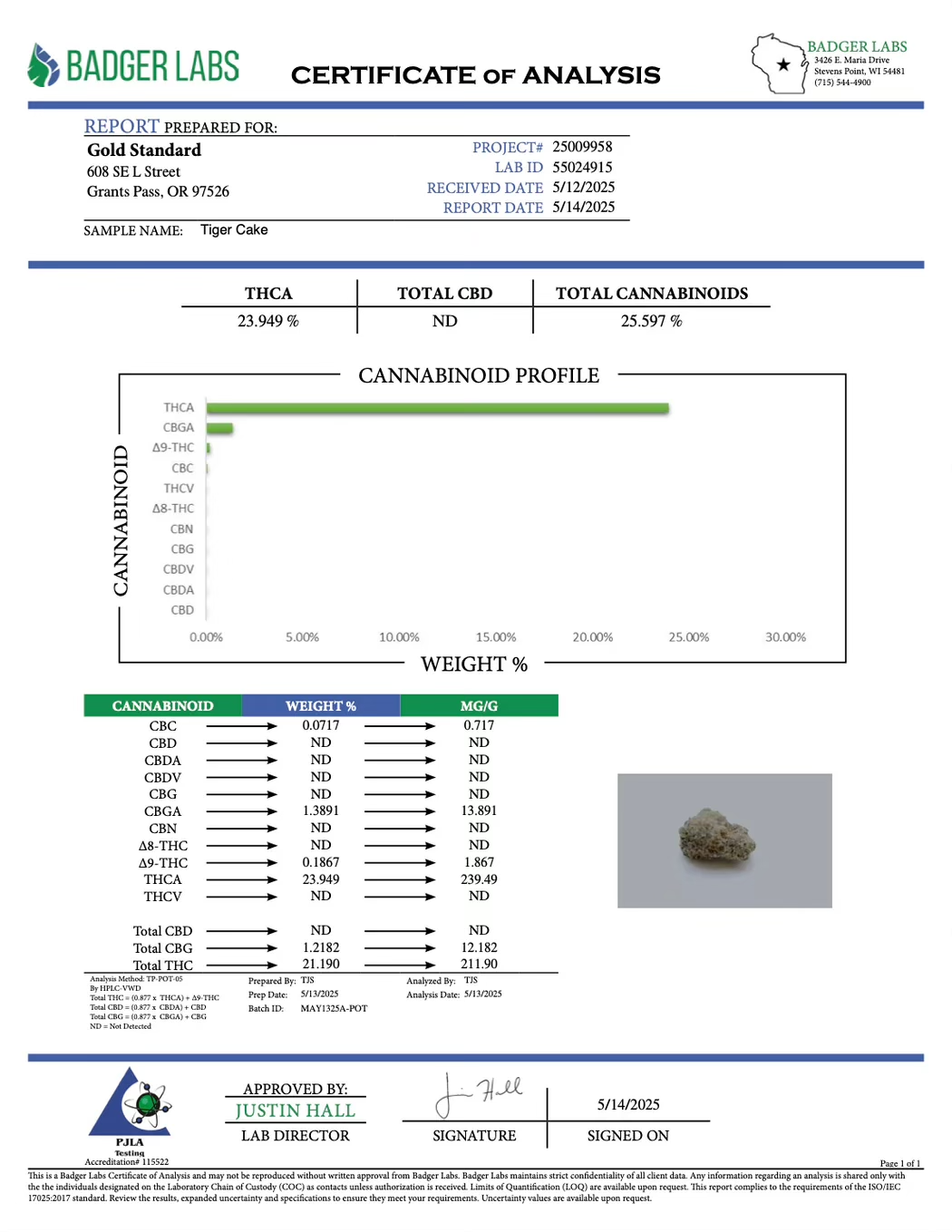 Certificate of analysis for Tiger Cake strain showing cannabinoid profile and THCA content, 23.94%.