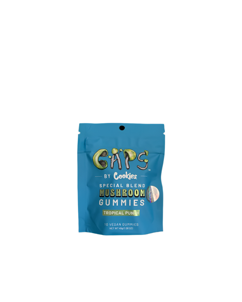 CAPS MUSHROOM Gummies by Cookies in Tropical Punch flavor, featuring a vibrant blue packaging for vegan gummies.