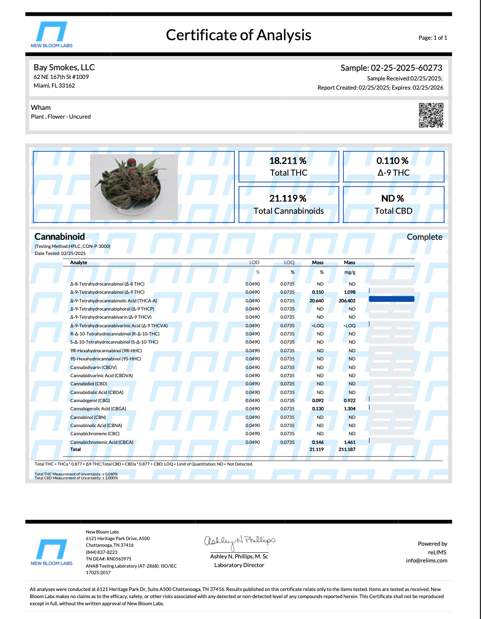 Certificate of Analysis for Wham product showing THCA content and cannabinoid details.