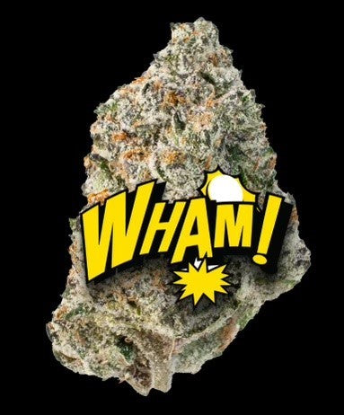 Close-up of Wham THCA cannabis bud with vibrant colors and text overlay emphasizing freshness.