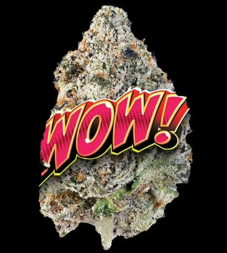 Close-up of THCA cannabis bud with 'Wow!' graphic overlay, showcasing vibrant trichomes and rich texture.