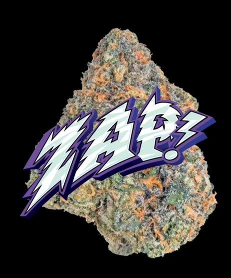 Zap! cannabis strain, showcasing dense THCA-rich buds with vibrant colors and unique branding.
